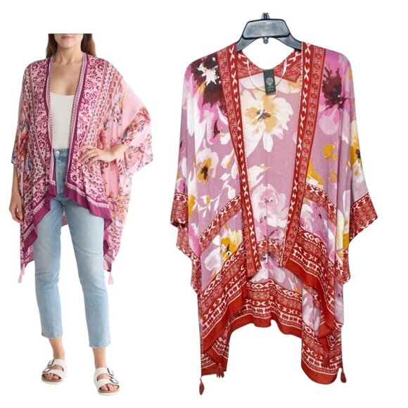 New Vince Camuto‎ Floral Print Tassel Trim Ruana in Pink Red One Size - Picture 1 of 9